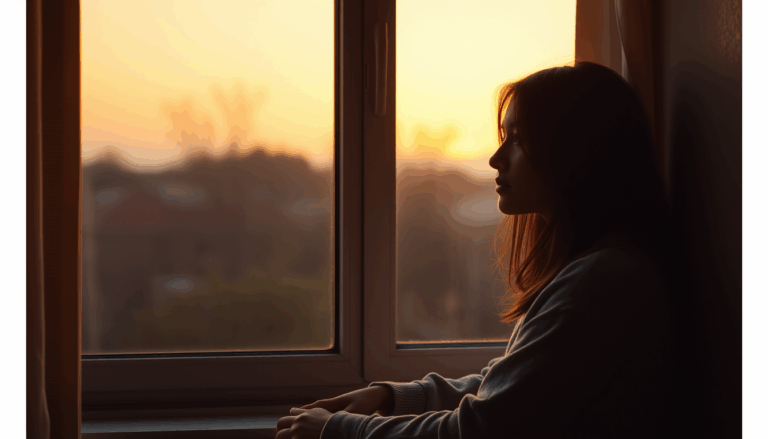 Nachdenkliche Frau sitzt allein am Fenster, zwischen Melancholie und Hoffnung – Symbol für den Unterschied zwischen Alleinsein und Einsamkeit.