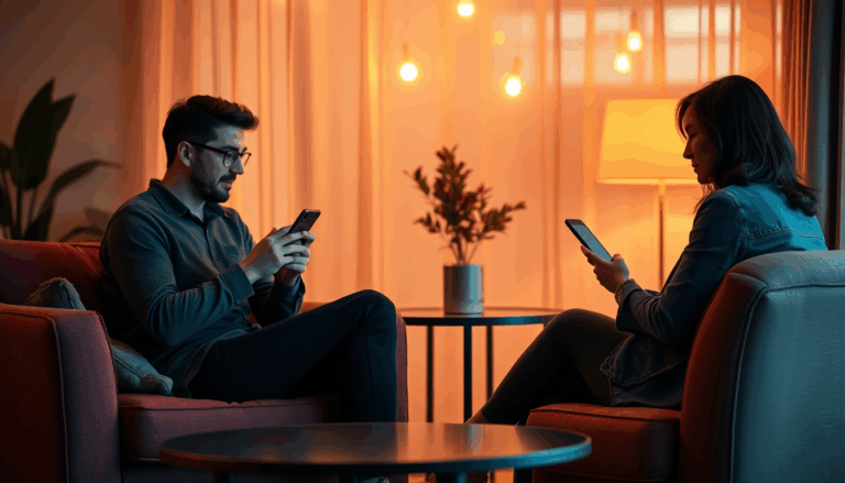 Zwei Personen chatten getrennt auf ihren Handys – Symbol für digitale Nähe und Distanz zugleich