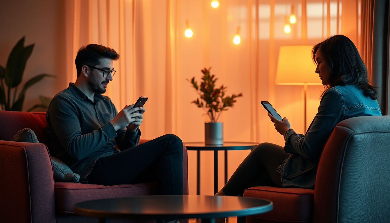 Zwei Personen chatten getrennt auf ihren Handys – Symbol für digitale Nähe und Distanz zugleich