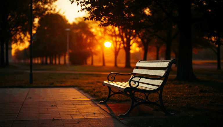 Leere Bank im Park bei Sonnenuntergang, Ausdruck von Einsamkeit und Sehnsucht nach Nähe